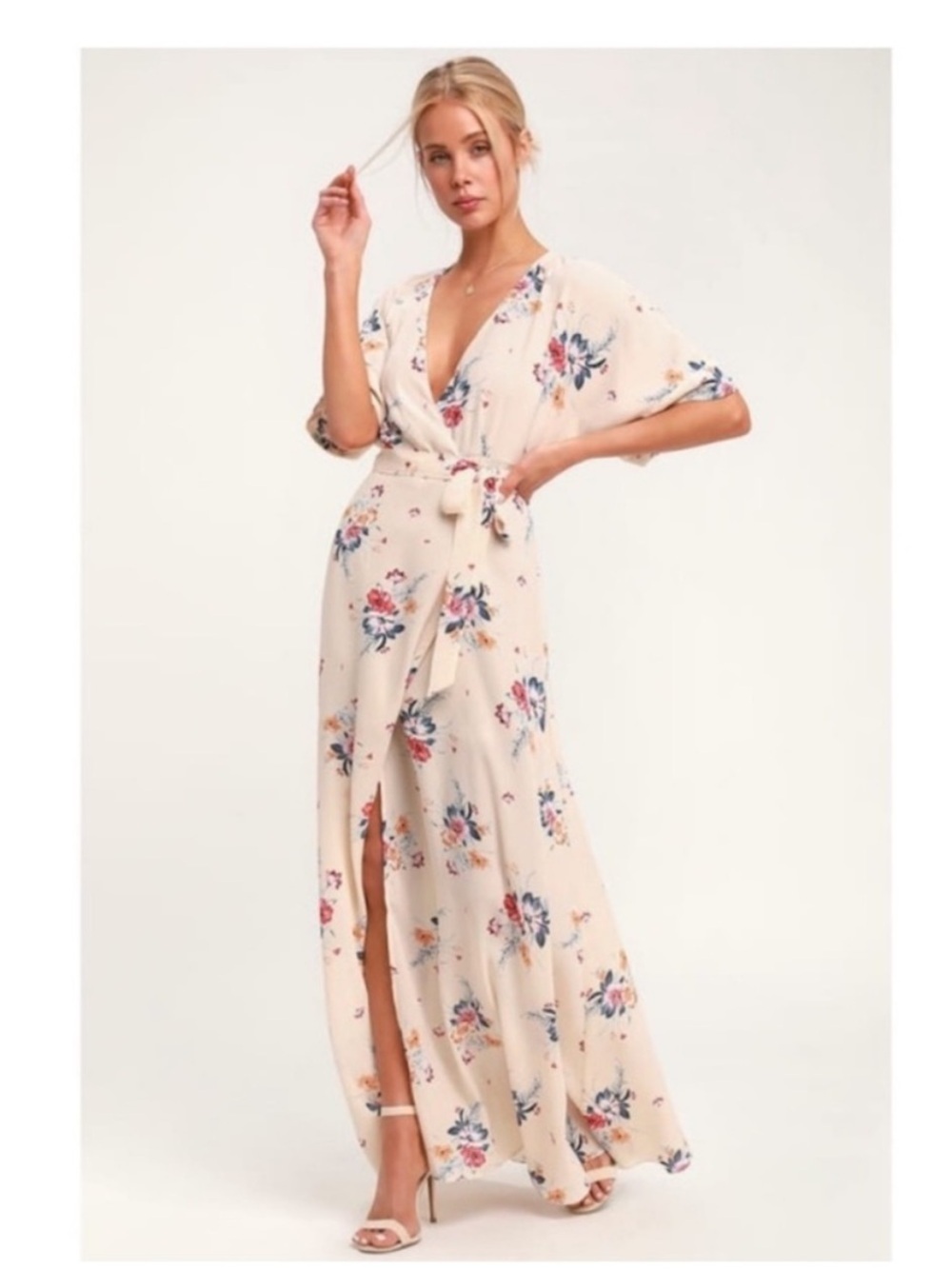 Anthropologie Socialite Flaming Cream Floral Print Wrap Maxi Dress size medium